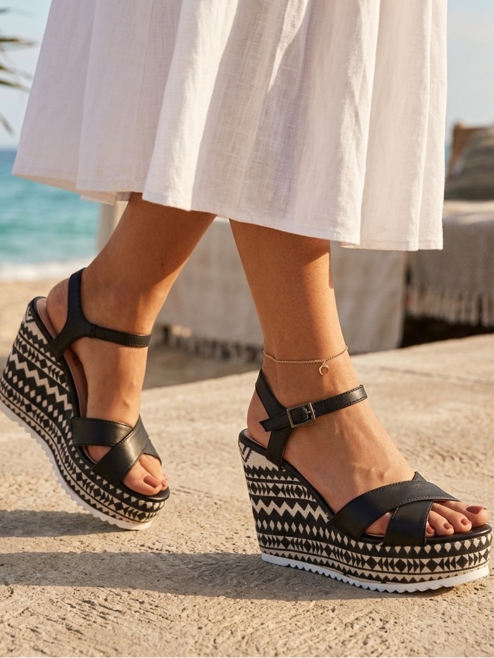 PAZZO Black Wedge Sandals with Geometric Platform